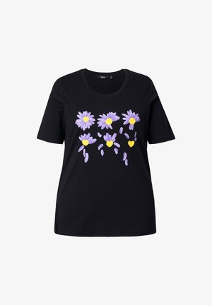 Zwart katoenen T-shirt met een bloemmotief met paarse madeliefjes met gele centers, inclusief een hartmotief, korte mouwen en een ronde hals.