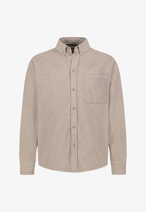 Beige Kord-Hemd mit langen Ärmeln, Button-Down-Kragen, durchgehender Knopfleiste und Brusttasche.