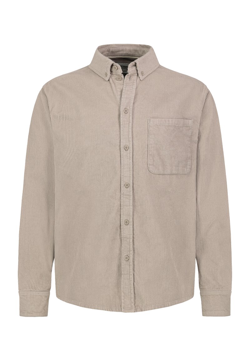 Beige Kord-Hemd mit langen Ärmeln, Button-Down-Kragen, durchgehender Knopfleiste und Brusttasche.