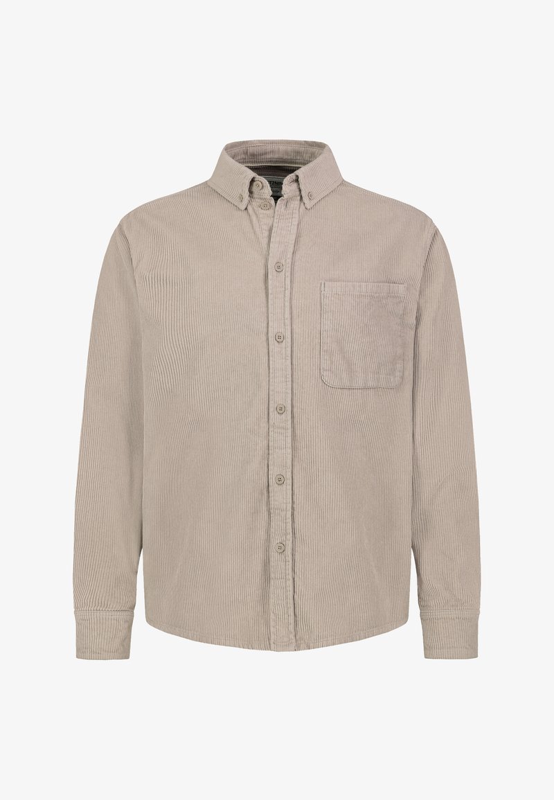 Beige Kord-Hemd mit langen Ärmeln, Button-Down-Kragen, durchgehender Knopfleiste und Brusttasche.