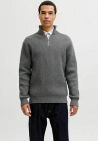 Vīrietis, uzvilcis pelēku svītrainu pussvārku džemperi virs baltas pogas krekla un tumšām džinsām, stāv pretim vienkāršai gaišai fona.