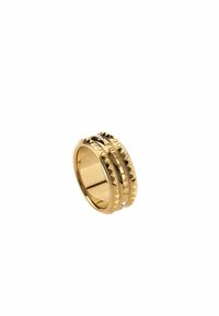 Gouden ring met een tekstuurband, met een geribbelpatroon en kleine heldere edelsteenkristallen. Stijlvolle, gepolijste afwerking en dubbel-laags ontwerp.