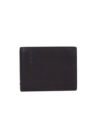 Brown leather wallet featuring a textured surface, rectangular shape, contrasting stitching, and a visible card slot on one side.
