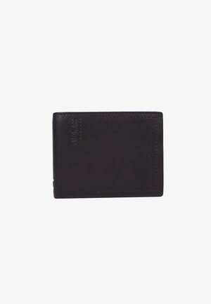 Braune Lederbörse mit strukturierten Oberflächen, rechteckiger Form, kontrastierendem Nähgarn und einem sichtbaren Kartenfach auf einer Seite.