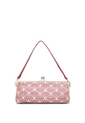 Clutch purse with metal frame, pink and white geometric pattern, and detachable pink shoulder strap, set against white background.