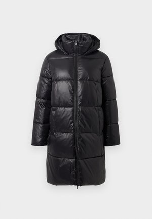 Casaco parka acolchoado preto com um acabamento brilhante, apresentando capuz, fecho de correr integral e dois bolsos frontais. Ajuste standard com mangas longas.
