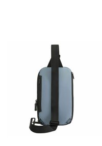 Borsa a spalla grigio-blu con tracolla nera, caratterizzata da una superficie liscia, forma rettangolare e cerniere laterali per riporre gli oggetti.