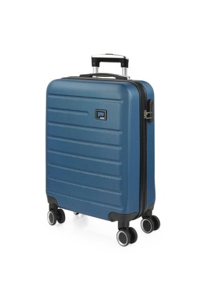 Maleta azul de carcasa rígida con superficie texturizada, acentos negros, asa extensible y cuatro ruedas giratorias para una fácil movilidad.
