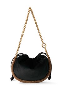 Black velvet handbag with a gathered top, brown textured trim, and a gold-tone chain strap. Features drawstring closure and round hardware accent.
