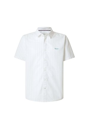 White short-sleeve shirt with vertical light gray stripes, button-down collar, and a small turquoise embroidered logo on the chest.