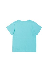 Kurzarm-T-Shirt aus leichtem türkisfarbenem Baumwollstoff. Klassisches Rundhalsausschnitt-Design mit glatter Textur und ohne sichtbare Muster oder Hardware.