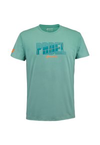 Lys grøn kortærmet T-shirt lavet af bomuld med "PADEL" grafik i blå og orange på forsiden; glat tekstur, crew neck design.