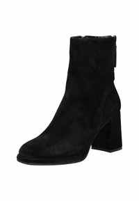 Black suede ankle boot with a block heel, featuring a smooth texture, rounded toe, and a side zipper for closure.