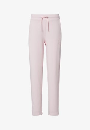 Roze katoenen joggingsbroek met een trekkoord in de taille, taps toelopende benen en subtiele reliëf logo-details aan de linkerzijde.
