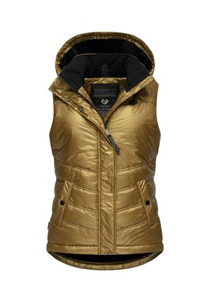 Guldfarvet ærmeløs quiltet vest med polstret hætte, frontlynlås, tryklommer og sort fleecefor.