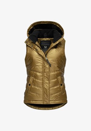 Veste matelassée sans manches dorée avec capuche rembourrée, fermeture éclair frontale, poches à pressions et doublure en polaire noire.