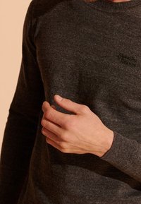 Maglione grigio scuro realizzato in morbido tessuto, con colletto rotondo e polsini a coste. Presenta un piccolo logo sul petto.