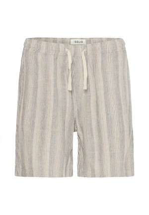 Striped shorts in light beige with blue lines, featuring an elastic waistband and drawstring detail. Made from a woven fabric.