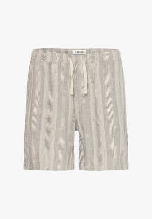 Striped shorts in light beige with blue lines, featuring an elastic waistband and drawstring detail. Made from a woven fabric.