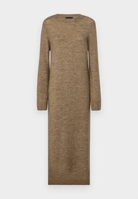 Long, fitted brown dress made of soft knit material, featuring a round neckline and long sleeves, with ribbed detailing at cuffs and hem.