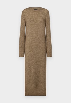 Long, fitted brown dress made of soft knit material, featuring a round neckline and long sleeves, with ribbed detailing at cuffs and hem.