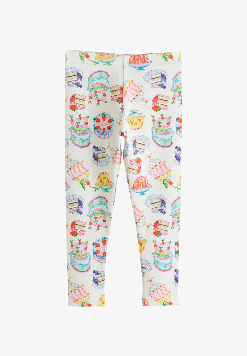 Weiße Kinderleggins mit mehrfarbigen Illustrationen verschiedener Kuchen und Desserts, einschließlich Schicht- und Geleekuchen.
