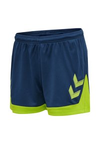 Shorts de sport bleu marine avec un liseré vert vif et deux bandes en chevrons verts sur la jambe droite, taille élastique, tissu léger.