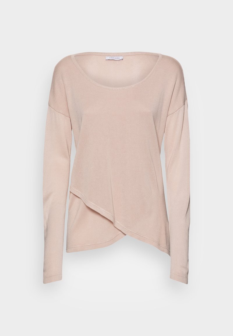 Light pink long-sleeve top with a rounded neckline. Features an asymmetrical hem and soft, textured knit fabric. Casual and relaxed fit.