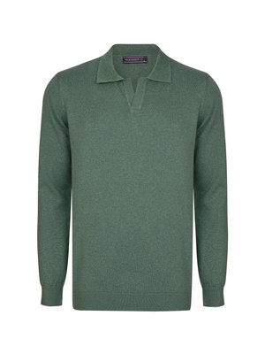 Groene gebreide trui met een V-hals en kraag. Lange mouwen met geribde boorden en zoom. Gemakkelijk textuur, casual pasvorm en gelijkmatige stiksels.
