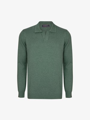 Groene gebreide trui met een V-hals en kraag. Lange mouwen met geribde boorden en zoom. Gemakkelijk textuur, casual pasvorm en gelijkmatige stiksels.