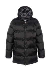 Sort puffjakke med hætte, med lynlås foran, quiltet tekstur og to sidelommer. Fremstillet af skinnende, letvægtsmateriale.