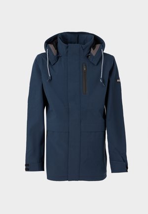 Giacca con cappuccio di colore blu navy, con zip frontale, tasca sul petto con zip, cordini regolabili per il cappuccio e strisce in velcro sui polsini.