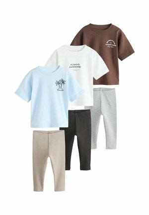 Three short-sleeve shirts in blue, white, and brown with small prints, paired with three leggings in beige, black, and grey.