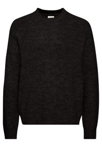 Suéter negro de punto con cuello redondo, mangas largas y una textura suave. Presenta un diseño simple sin patrones ni adornos.