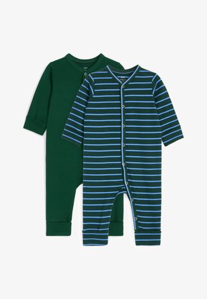 Deux grenouillères bébé à manches longues, une unie vert foncé et une vert foncé avec des rayures horizontales bleu clair et des pressions à l'avant.