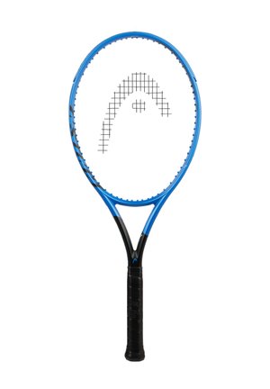 Racchetta da tennis blu e nera con forma a goccia, caratterizzata da un'impugnatura nera texturizzata e un motivo a griglia sulle corde.