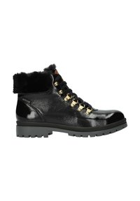 Bottines de randonnée en cuir noir avec finition brillante, quincaillerie dorée, devant à lacets, col en fausse fourrure et semelle en caoutchouc robuste pour une meilleure traction.