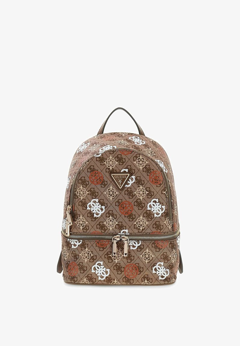 Sac à dos marron avec motifs géométriques beige et orange, symboles de logo blancs, deux compartiments zippés et une poignée supérieure.