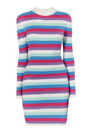 Ribota suknelė su ilgomis rankovėmis ir aukštu iškirpimu. Horizontalios juostos rožinės, violetinės, mėlynos ir baltos spalvų. Prigludusi siluetas.