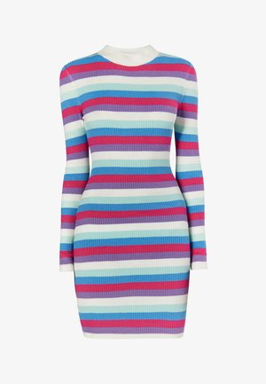 Ribota suknelė su ilgomis rankovėmis ir aukštu iškirpimu. Horizontalios juostos rožinės, violetinės, mėlynos ir baltos spalvų. Prigludusi siluetas.