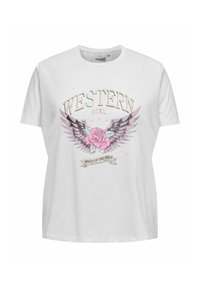 T-shirt bianco in cotone con testo "WESTERN GIRL", grafica di una rosa rosa e ali nere, collo rotondo e maniche corte.