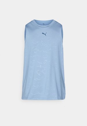 Light blue sleeveless athletic top made from smooth fabric, featuring a subtle pattern and a small black Puma logo on the chest.