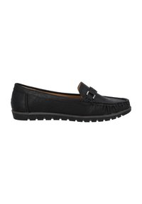 Mocasines de cuero negro con un detalle de costura elevada, acentos de metal y un upper texturizado, con suela de goma y tacos.