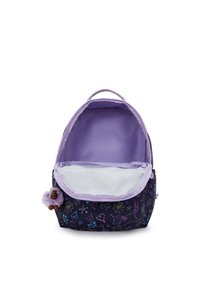 Zaino viola e nero con design floreale, chiusura con zip e portachiavi a forma di scimmia pelosa. L'interno presenta una fodera liscia di un delicato viola.