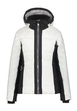 Veste matelassée en blanc et noir avec fermeture éclair à l'avant, capuche et poches latérales. Présente un design matelassé et des couleurs contrastées.