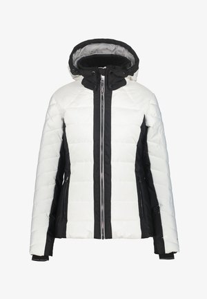 Vadderad jacka i vitt och svart med dragkedja fram, huva och sidofickor. Har en quiltad design och kontrasterande färger.