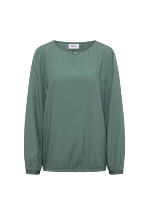 Bluzka z długim rękawem w kolorze szałwii, z okrągłym dekoltem, z pojedynczym zapięciem na górze, elastycznymi mankietami i dołem.