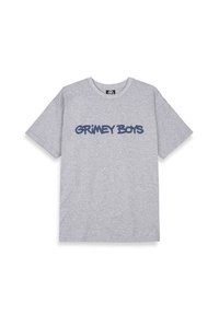 Szara bawełniana koszulka z krótkim rękawem i okrągłym dekoltem, z nadrukiem "GRIMEY BOYS" w wyraźnym granatowym kolorze na przodzie.
