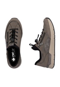 Gray synthetic shoes with a textured finish, black accents, elastic laces, and side zippers. Thick beige sole for comfort and stability.