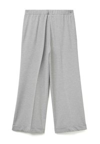 Graue weit geschnittene Hose aus weichem, dehnbarem Stoff; mit elastischem Bund und umschlagenen Säumen am Hosenabschluss.